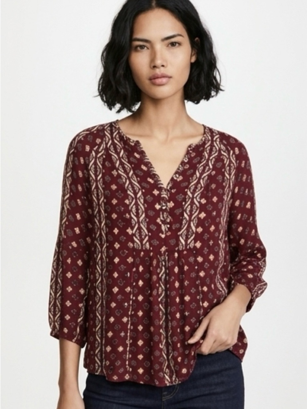 Lucky Brand - Womens Maroon Printed Peasant Blouse